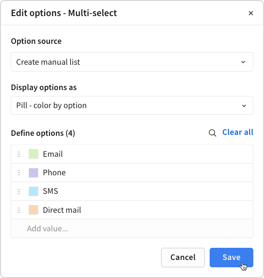 Image showing a popover containing the options configuration for a single-select or multi-select column with manually created list of options.