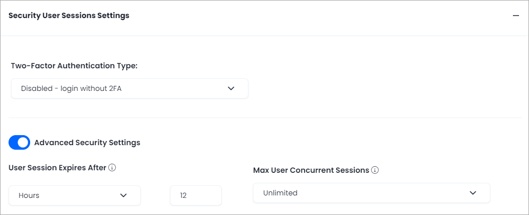 Screenshot of security user session settings