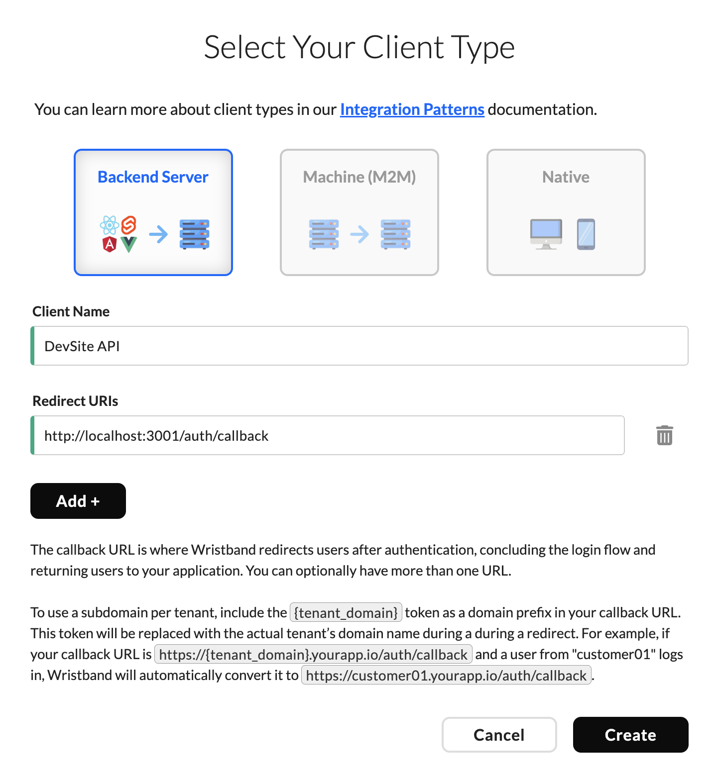 Dialog: Selecting your client type.