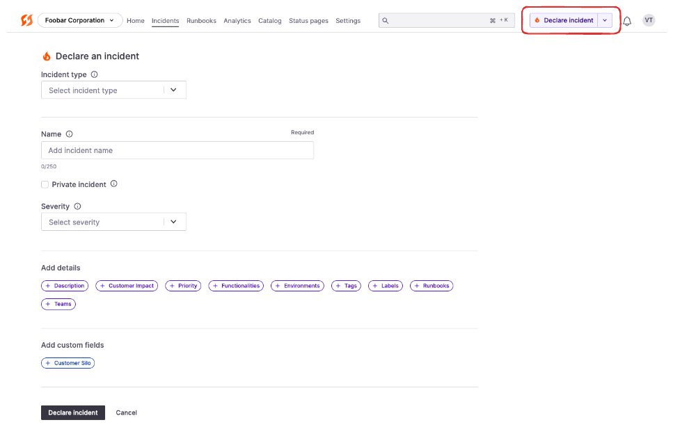 Declare Incident form in the web application