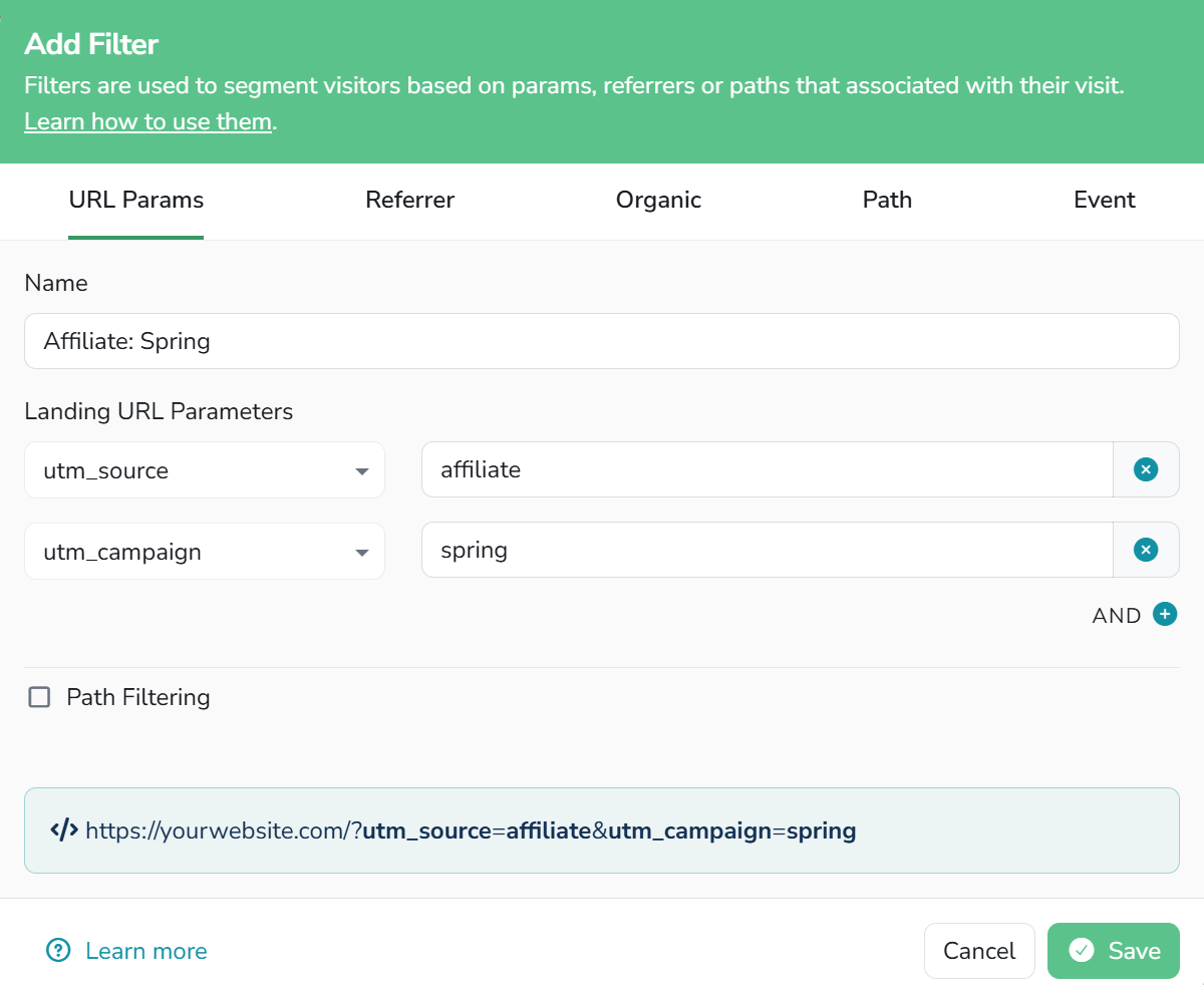 The filter editor with the URL Params tab selected, named Affiliate: Spring, matching utm_source equals affiliate and utm_campaign equals spring