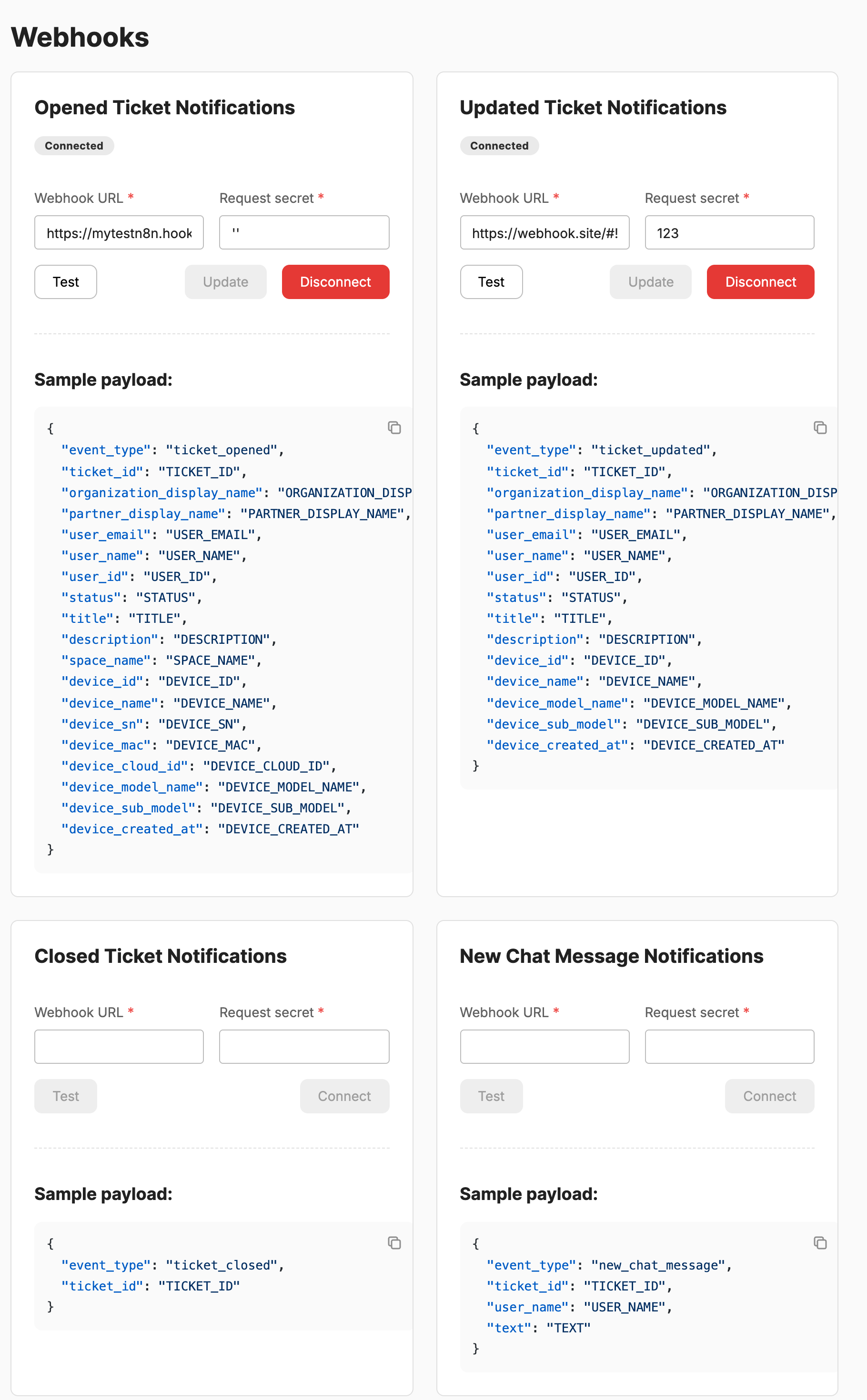 The Webhooks section under Settings → Notifications, showing the Opened, Updated, Closed, and New Chat Message ticket webhooks with their sample payloads.