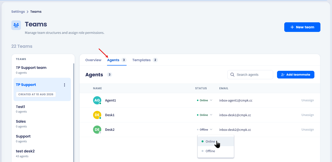 Screenshot with setting statuses on the Teams page