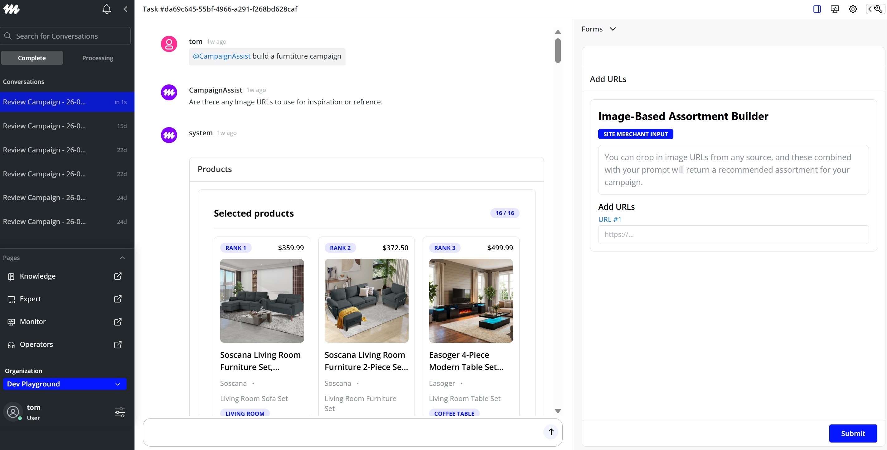 An example of how an enterprise marketing associate would use an example 'Campaign Assist' AI Operator to build an assortment of items for marketing campaigns.
