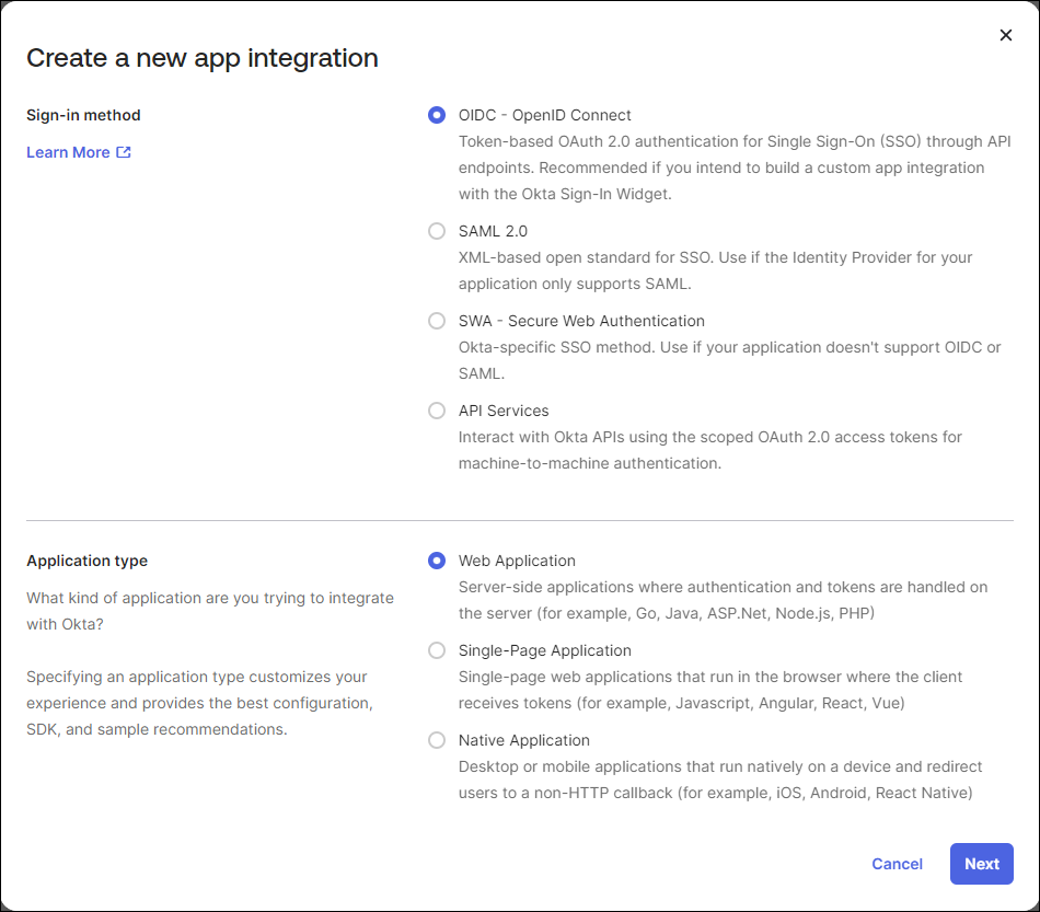 Selecting OIDC - OpenID Connect and Web Application