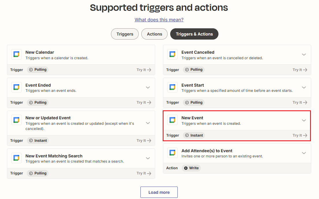 Screenshot of the Google Calendar templates selection