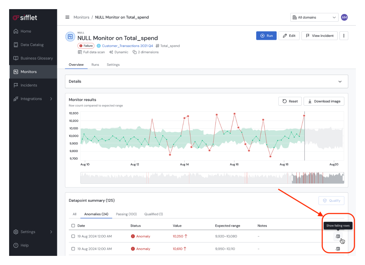Accessing failing rows at the datapoint level