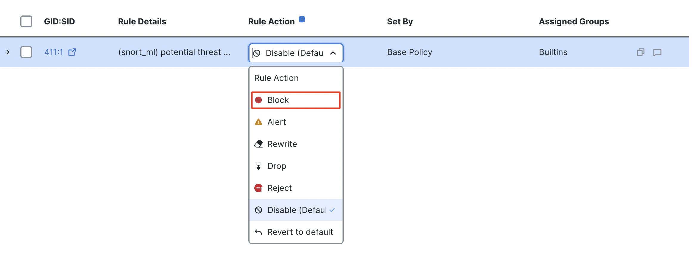 Rule Action options