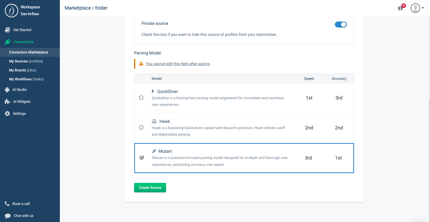 Portal > Connections > Create a Source