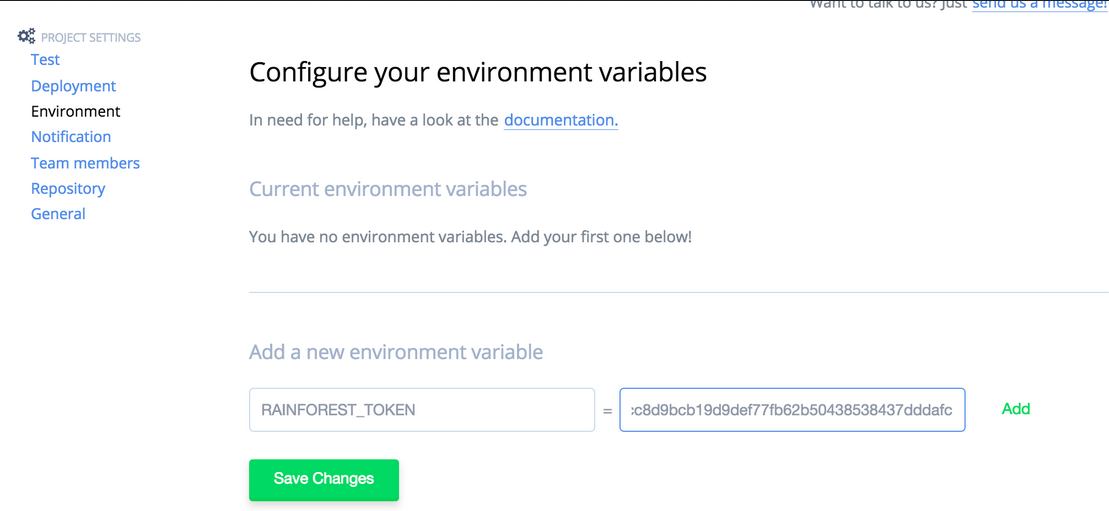 Configuring your Rainforest environment variable in CodeShip.