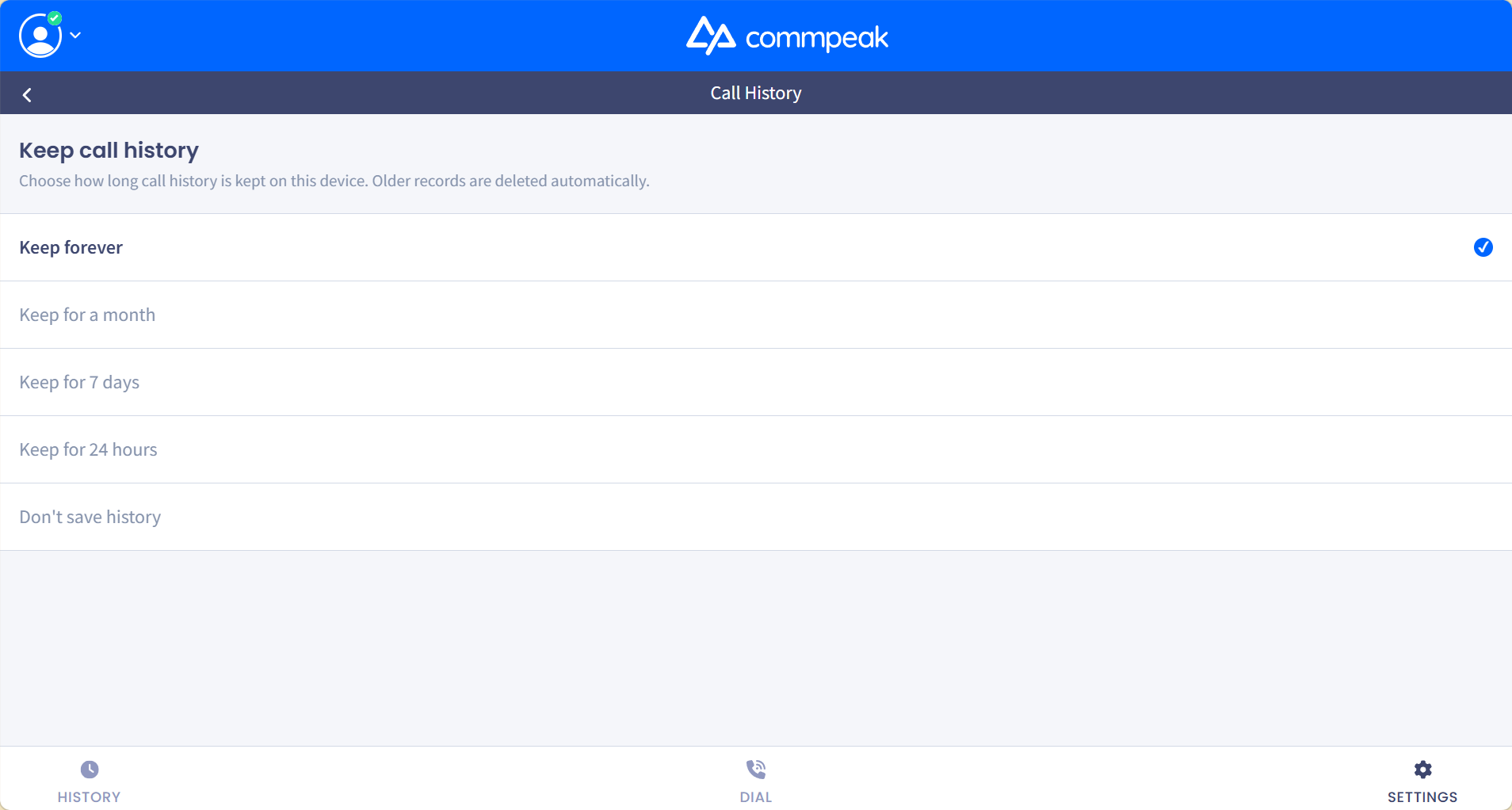 Screenshot of the Call History retention options list