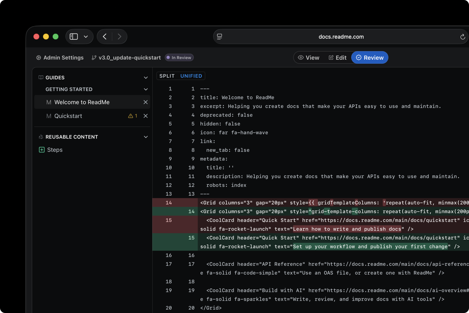 Review tab showing the diff between two pages line-by-line