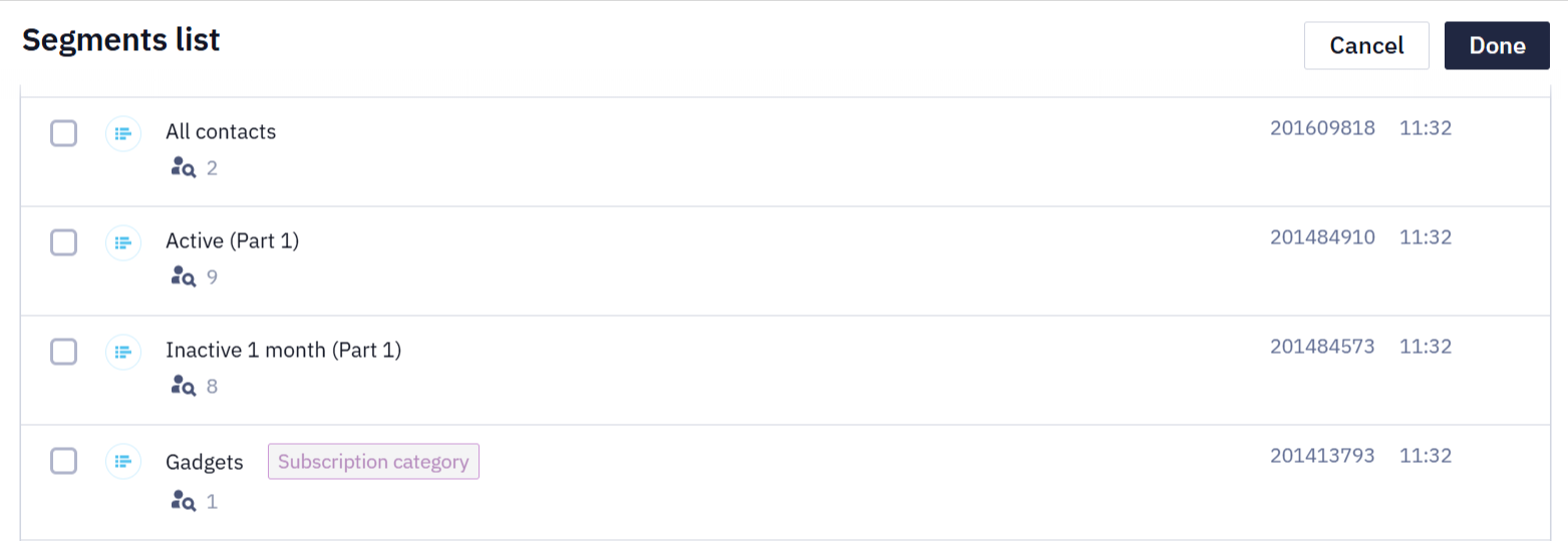 Segments list with checkboxes for selecting export destinations