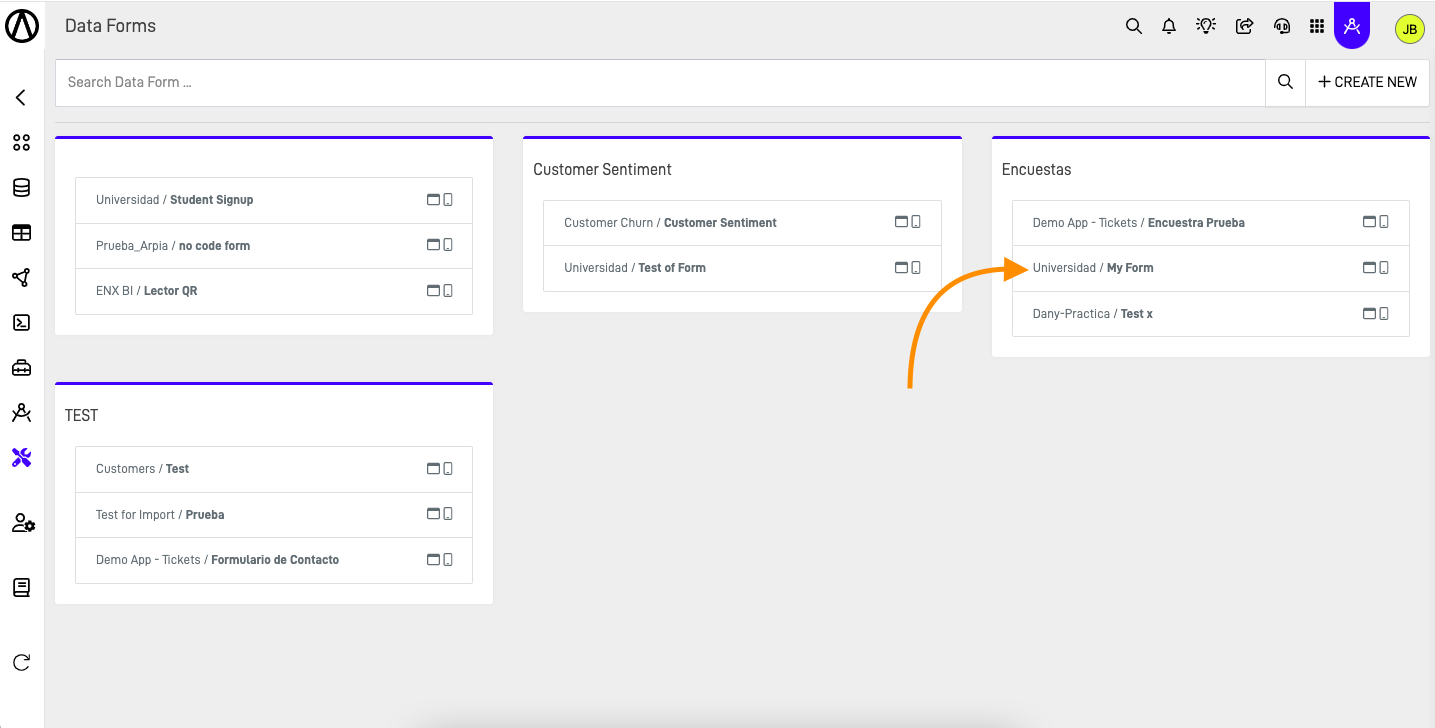 Select created DataForm