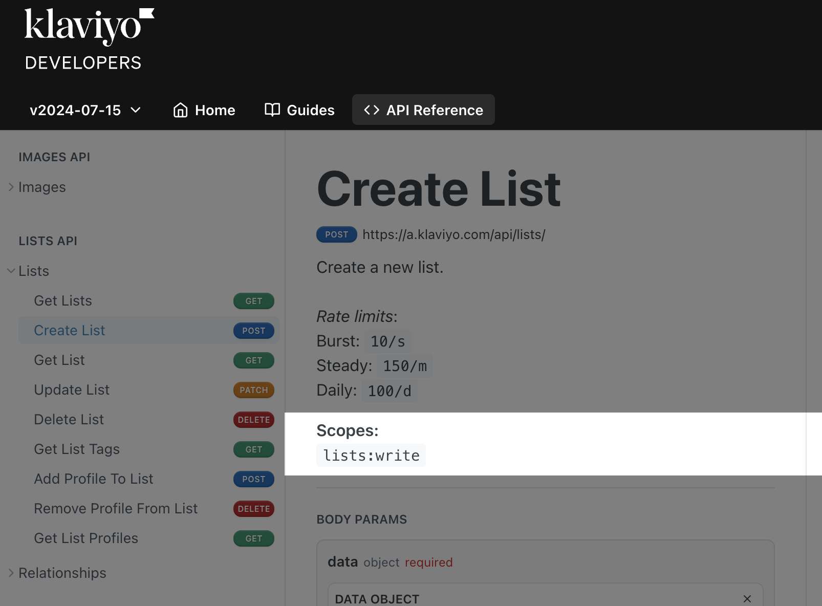 Create List API reference docs with lists:write scope highlighted