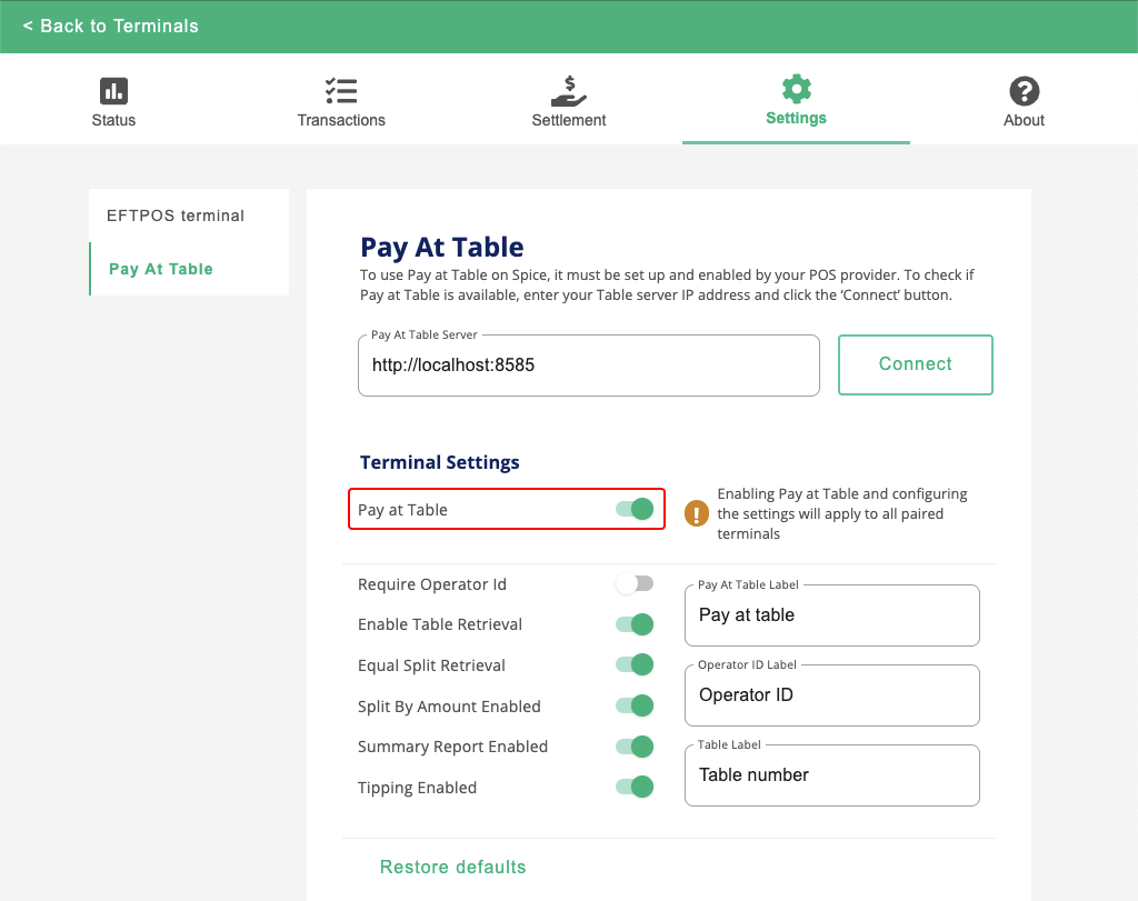 The Settings screen with the 'Pay at table' option enabled.