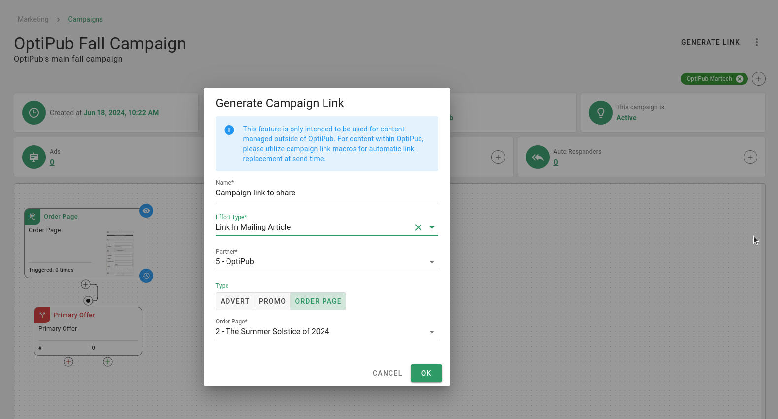 The "Generate Campaign Link" window.