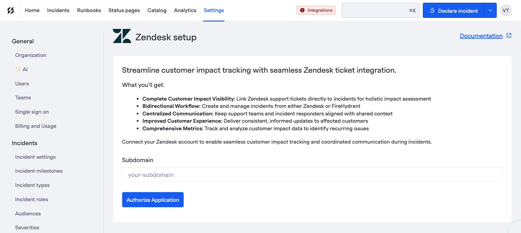 Input the subdomain (e.g., if your URL is `https://acme.zendesk.com`, only put `acme` here)