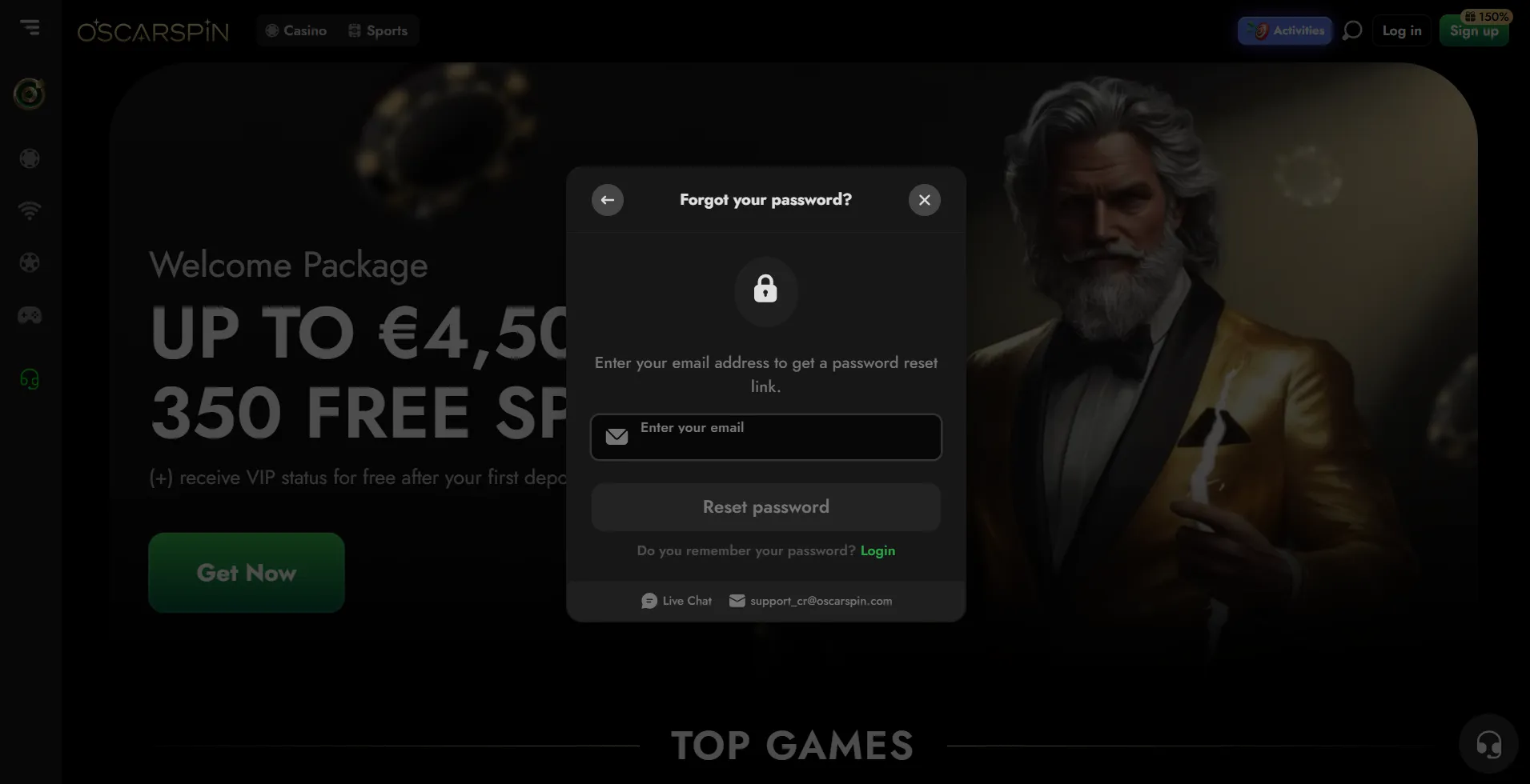 Oscarspin Casino password reset screen with email input field for account recovery