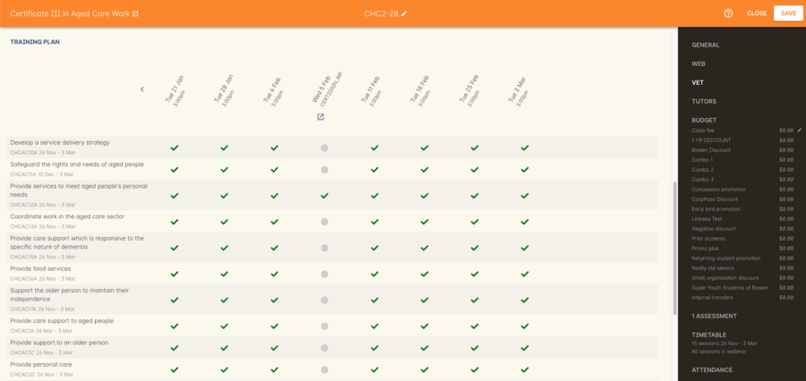 Figure 413. Here you can see assessment CERTIIIAIN_WP is due 5th Feb and covers the CHCAC12A module