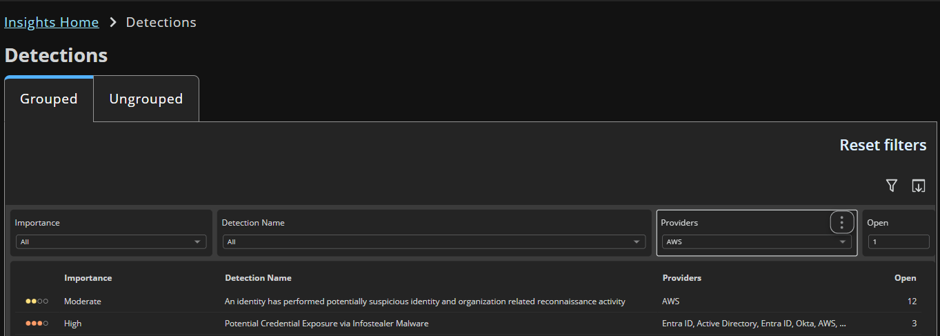 Detections findings with AWS highlighted