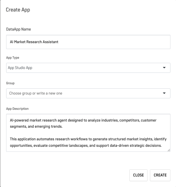 Create App dialog – name and description fields