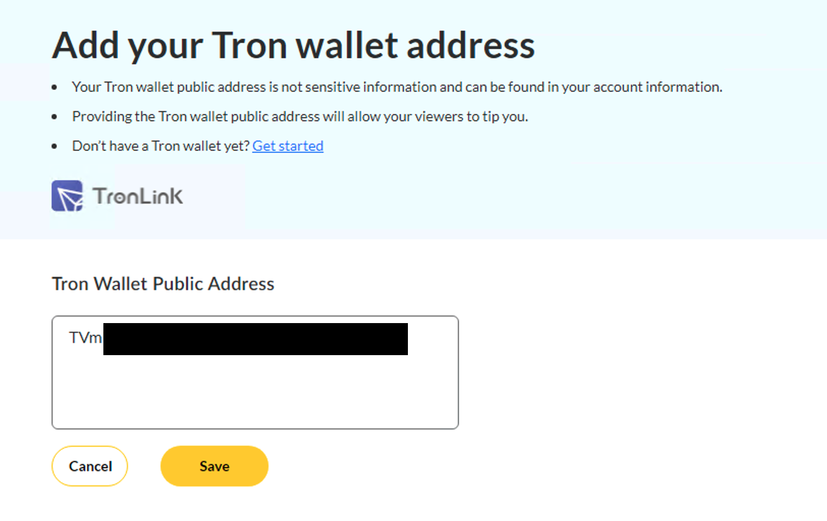 Add Tron Wallet Address Window