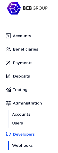 BCB Group Console left navigation showing the Developers section and Webhooks option