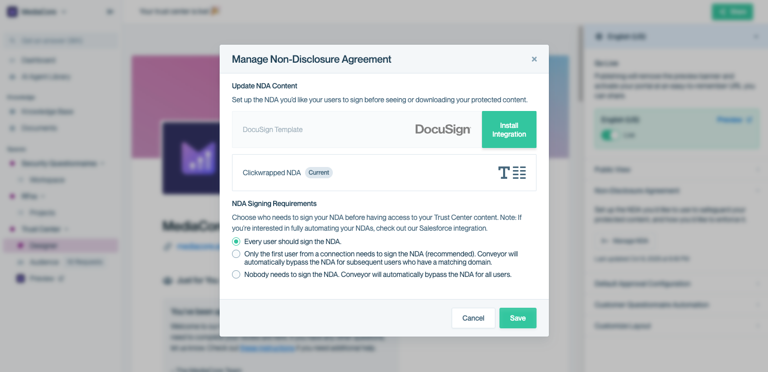 NDA configuration modal showing the Clickwrapped NDA option selected.