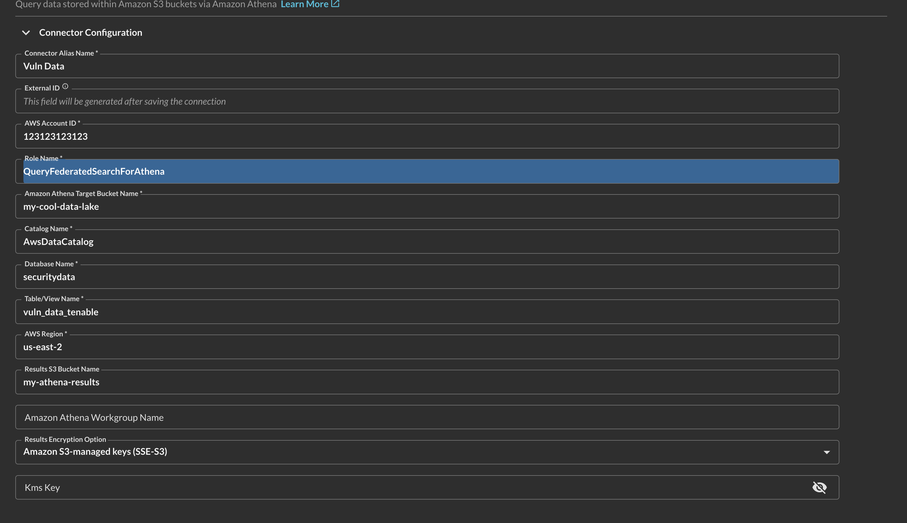 FIG. 4 - Specifying parameters for the Amazon Athena (for Amazon S3) connector