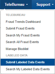 A screenshot of the TeleBureau menu with Submit Labeled Data Events selected.