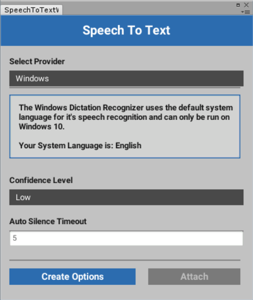 Figure 4: Speech To Text Options Window in the Unity 3D Editor
