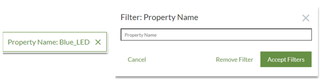 Left: Shows the Property Name Selected for the Report
Right: Shows the Property Name Filter Dialog Box