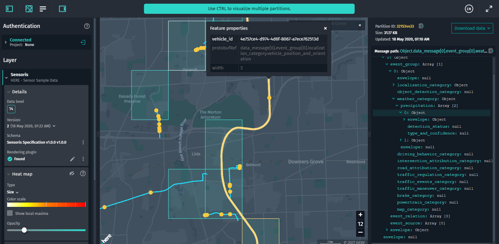 Simulated sensor data in SENSORIS format with speed sign observations, road hazard events, and traffic condition events