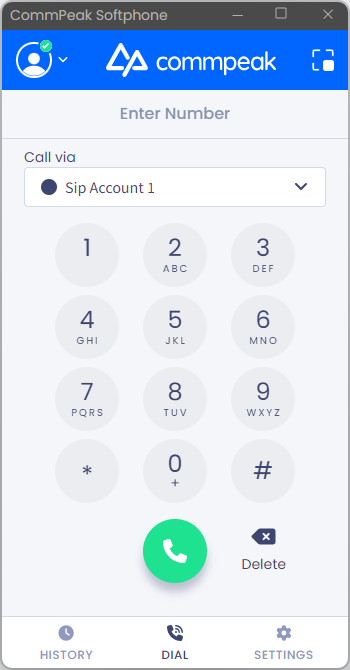 Screenshot of the Softphone dialpad: full mode