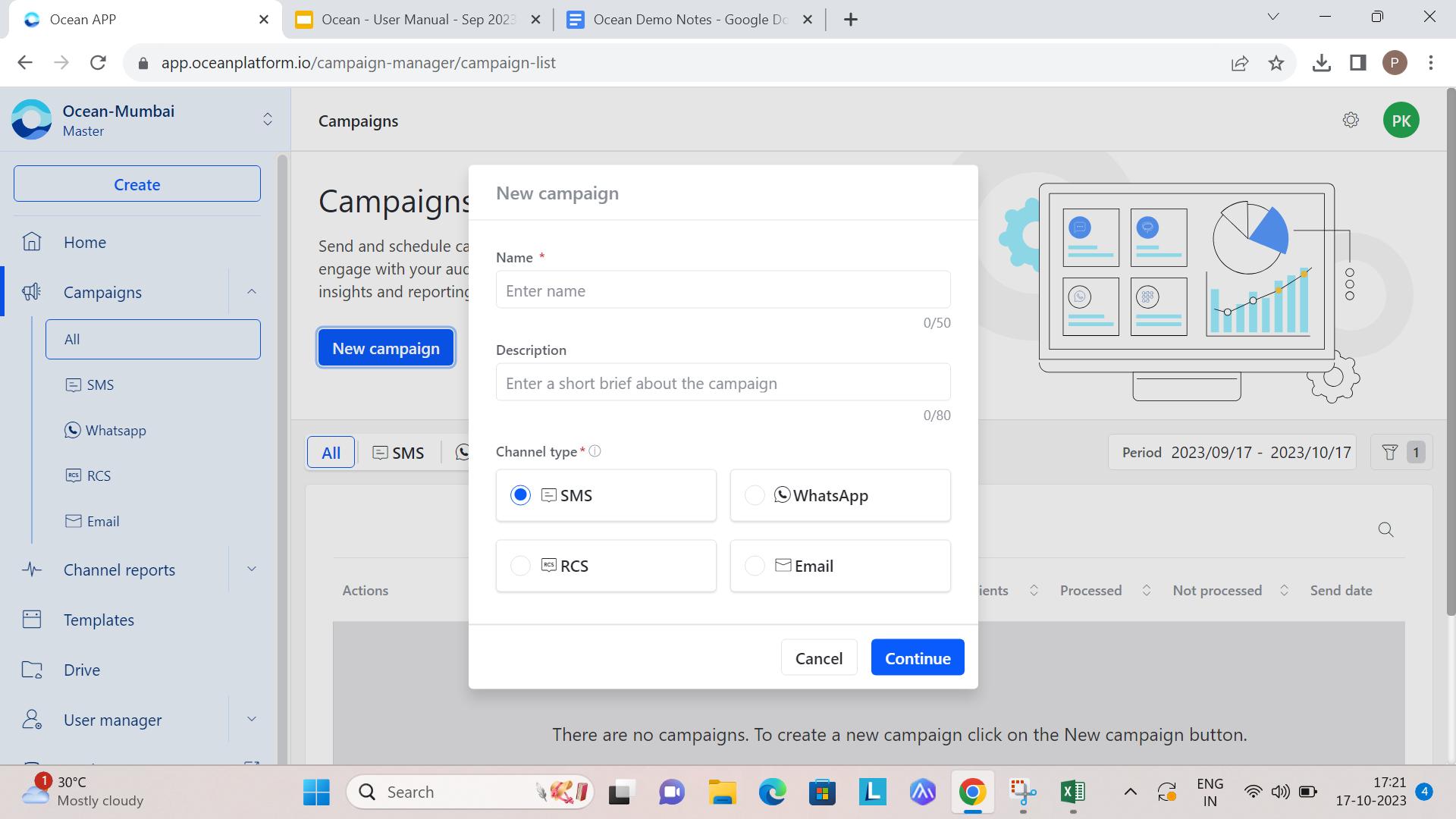 Create new SMS campaign popup