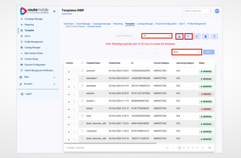 Templates WBP list view with filters and template status details