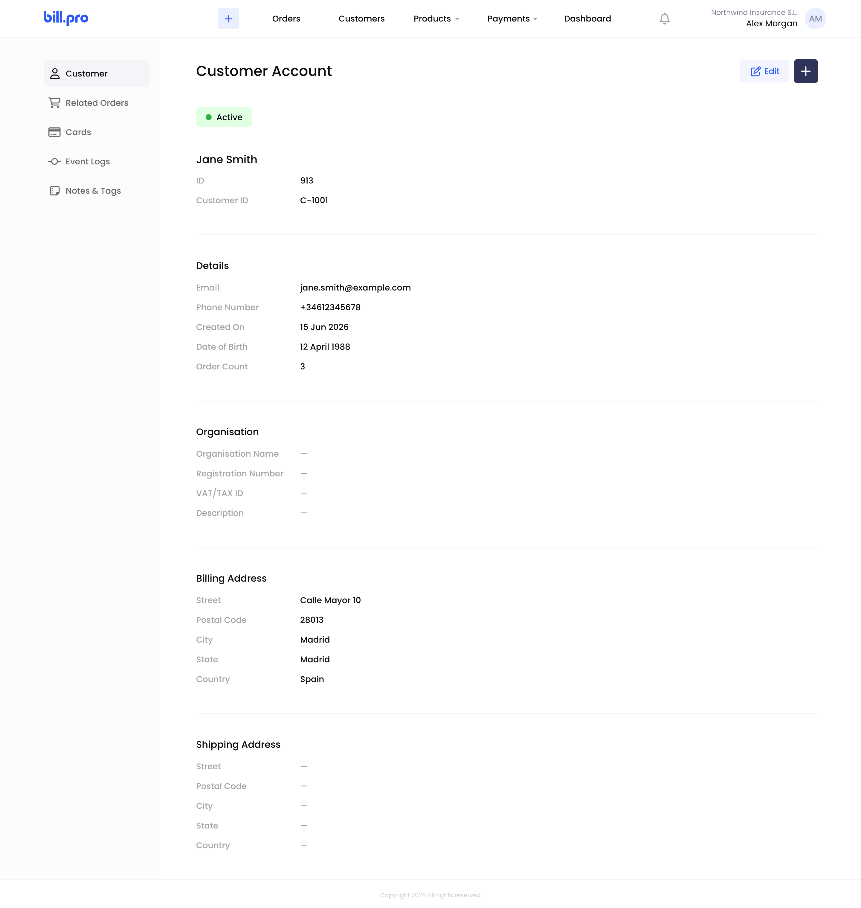 The Customer tab of a customer account