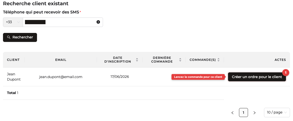 Recherche d'un client existant : la fiche du client trouvé et le bouton Créer un ordre pour le client