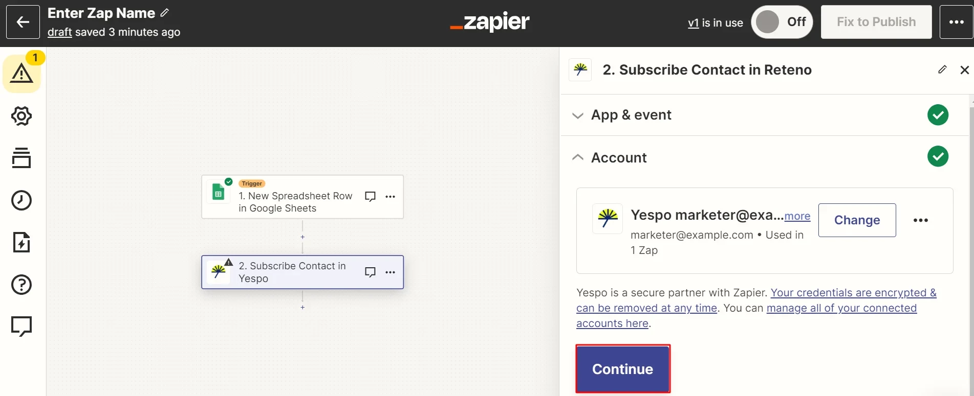 Zapier action setup panel showing a connected account for the Subscribe Contact action with the Continue button highlighted
