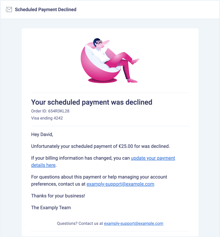 Example of a scheduled payment declined email