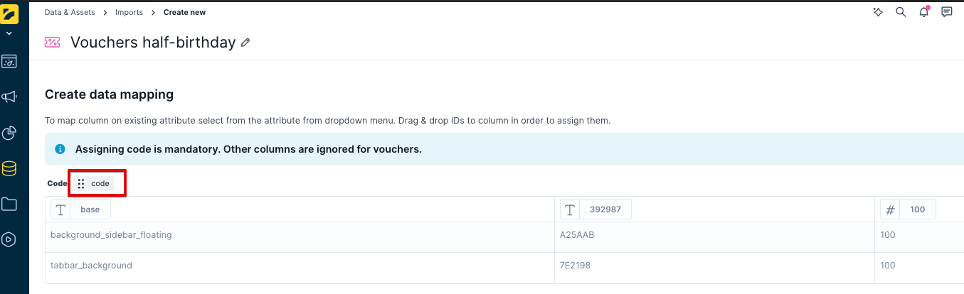 Vouchers mapping screen in Project Settings showing the voucher_code attribute mapped to a purchase event
