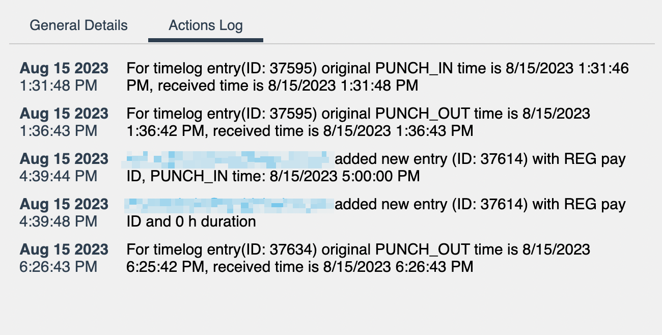 Actions log example