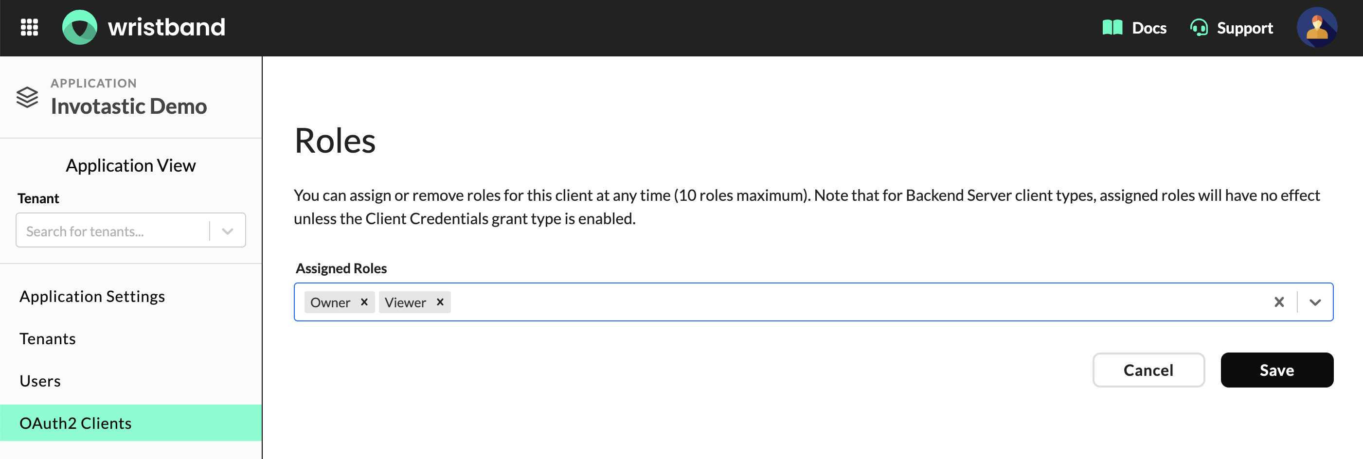 Roles section on the Edit Client page showing the Assigned Roles multi-select dropdown.