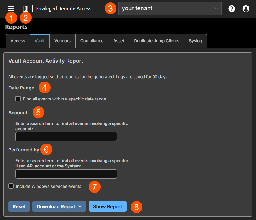 An image of a Vault Account Activity Report interface in a Privileged Remote Access system. The interface includes options to filter reports by date range, account, and performed by user or system.