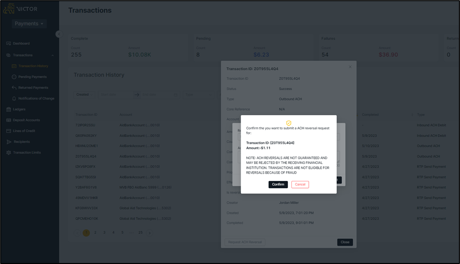 Figure 3. Transaction Details – ACH Reversal Submission Confirmation