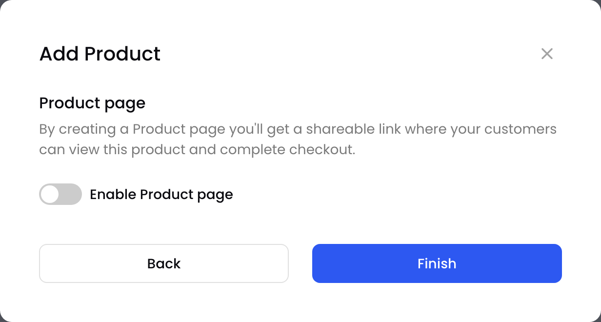 The Product page step of Add Product, with Enable Product page off