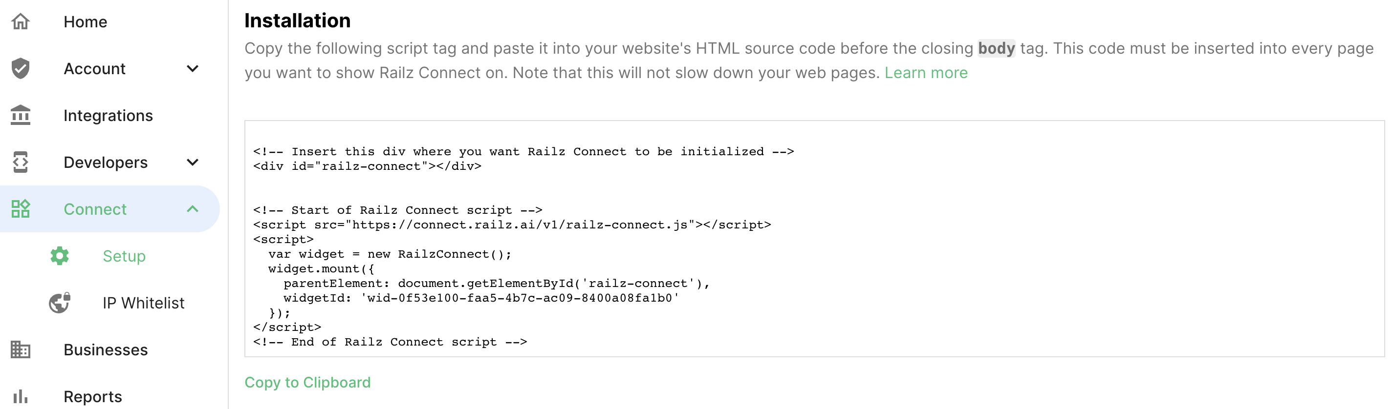 Install Railz Connect.png Railz Connect Setup Page. Click to Expand.