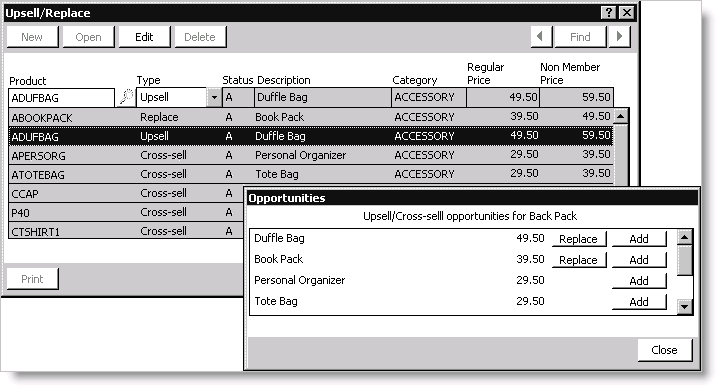 Examples of the Upsell/Replace and Opportunities windows