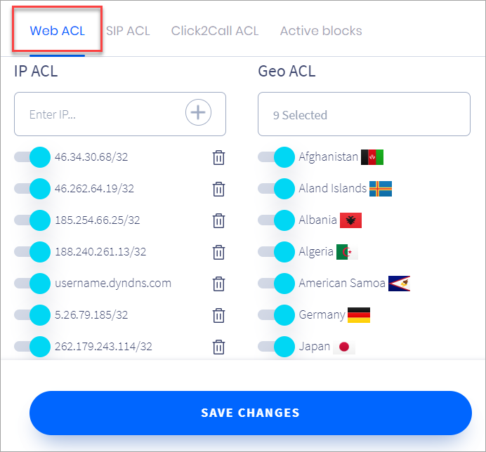 Screenshot of the **Firewall Settings** page with **Web ACL** tab